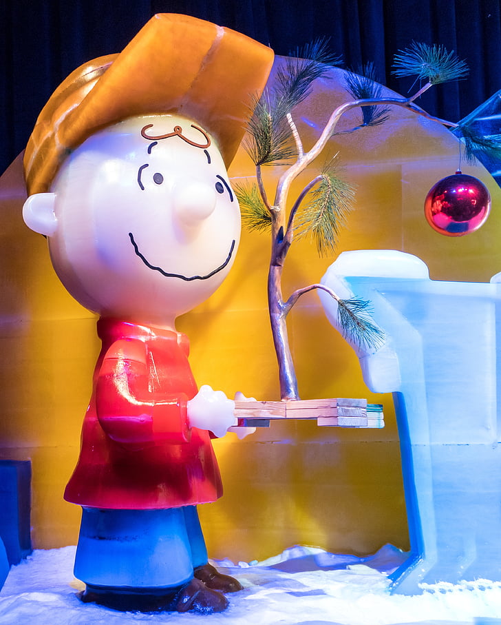 escultura de gelo, Charlie brown, árvore de Natal, bonito, personagem de desenho animado, amendoim, férias