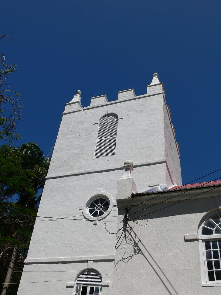Igreja, céu azul, trópicos, Barbados, religião, pedra coral, Torre