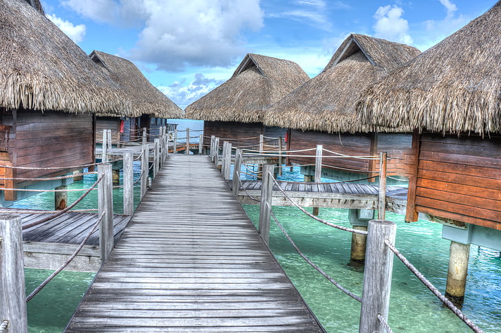 Bora-bora, több mint víz bungalók, trópusi, nyaralás, Lagoon, természet, Francia Polinézia