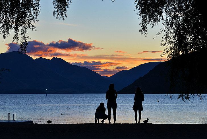 Lac, coucher de soleil, paysage, montagne, Pier, Nouvelle-Zélande, gens
