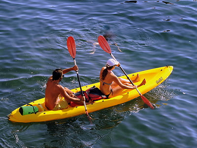 canoeing, couple, row, water, remi, boat, sea
