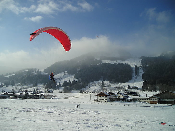 paragliding, flyve, paraglider, bjerge, dom, Allgäu, sne