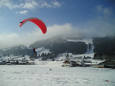 paragliding, lietať, padáku, hory, dom, Allgäu, sneh