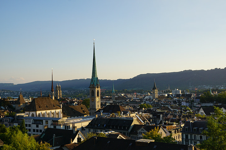 Цюрих, Старый город, церкви, Швейцария, крыши, город, дома