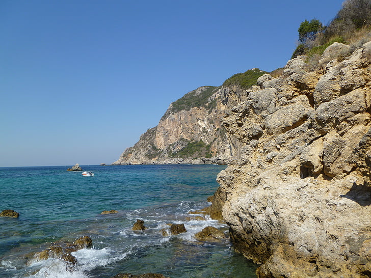 spiaggia, mare, roccia, acqua, Corfu