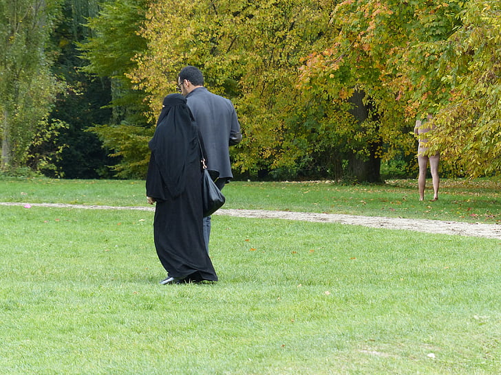мюсюлмански, Английски Градина, Мюнхен, един, жена, воал, парк