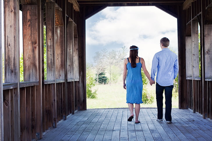 couple, walking, hand-in-hand, covered bridge, boyfriend, girlfriend