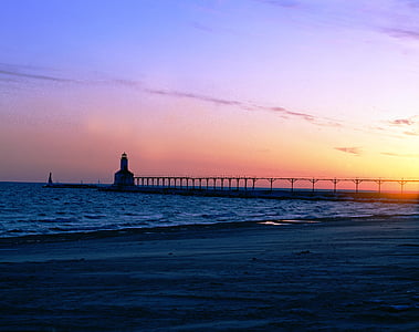 kusten, Dawn, skymning, Lighthouse, Ocean, Pier, havet