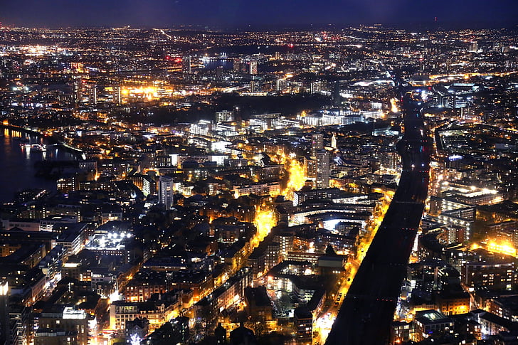 Londýn, jih, noční, osvětlené, Panoráma města, město, Architektura