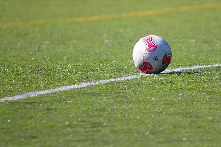 playing field, grass, ball, line, football, center line, kick-off