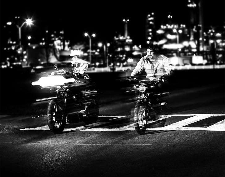 cykel, svartvit, oskärpa, staden, enhet, snabb, rörelse