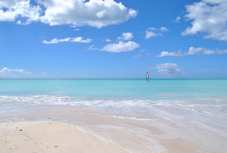 Caraibi, spiaggia, mare, sabbia, Antigua, Orizzonte sull'acqua, bellezza naturale