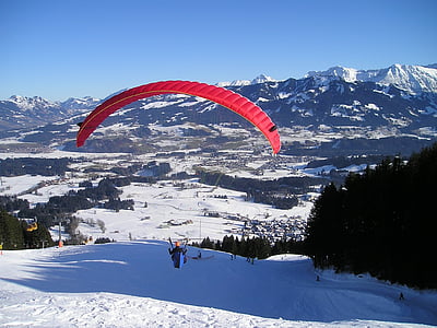 siklóernyőzés, menet közben, Siklóernyő, hegyek, Dom, Allgäu, hó