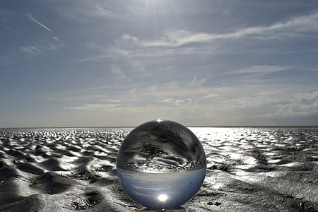 afbeelding van de wereldbol, bal, glas, glazen bal, strand, watt, Noordzee