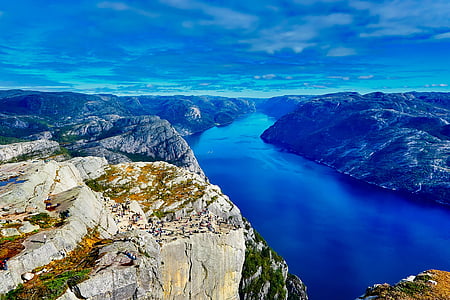 Nórsko, Fjord, rieka, vody, hory, Sky, oblaky