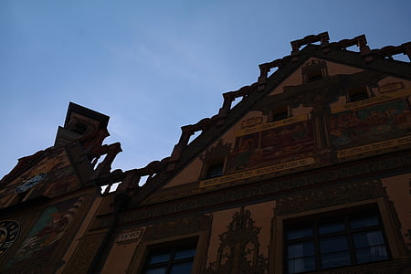 town hall, ulm, facade, painting, ulmer hall, frescoes, mural