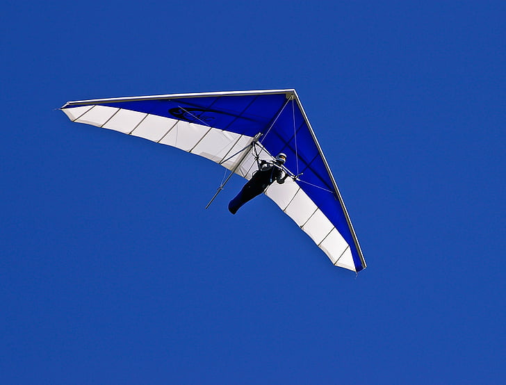 adventure, blue, flying, glider, gliding, hang gliding, person