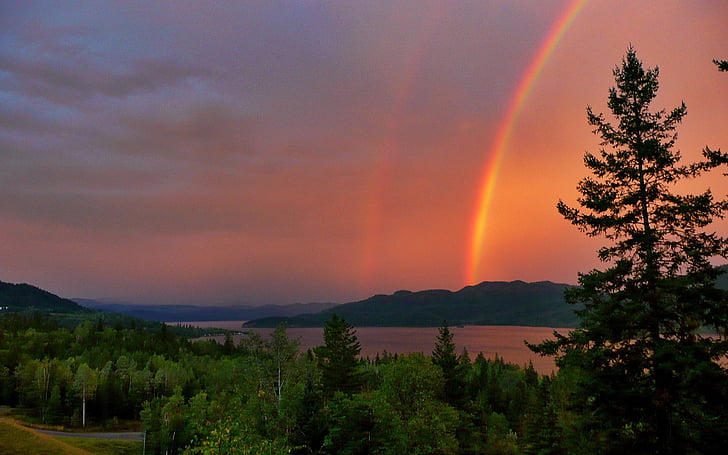 vermelho, trovoada, arco-íris, Lago de Canim, Colúmbia Britânica, Canadá, paisagem