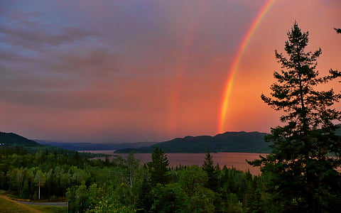 rouge, orage, arc en ciel, Canim lake, Colombie-Britannique, Canada, paysage