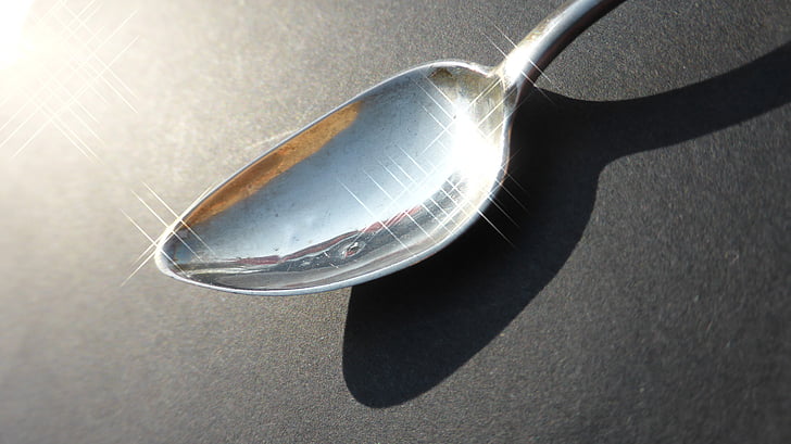 silver spoon, spoon, shiny, silver, reflect, cutlery