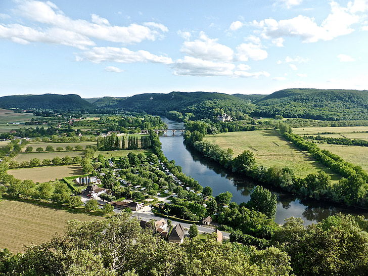 folyó, Dordogne, nyugodt, vidéken, táj, környezet, zöld