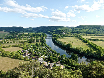 jõgi, Dordogne, vaikne, maal, maastik, keskkond, roheline