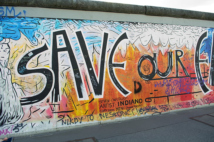 mur, Berlin, Graffity, pulvérisation, mur de Berlin, fragment, Graffiti