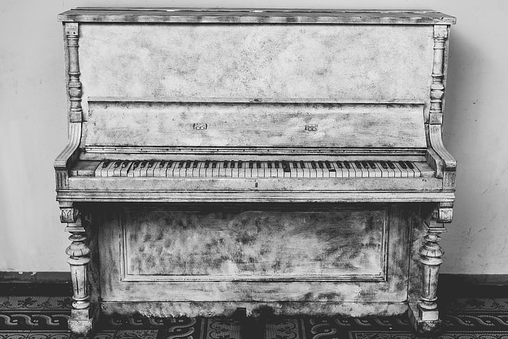 antiguidade, preto e branco, instrumento musical, piano, madeira