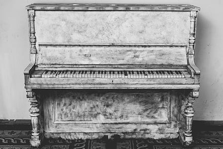 antieke, zwart-wit, muziekinstrument, piano, hout