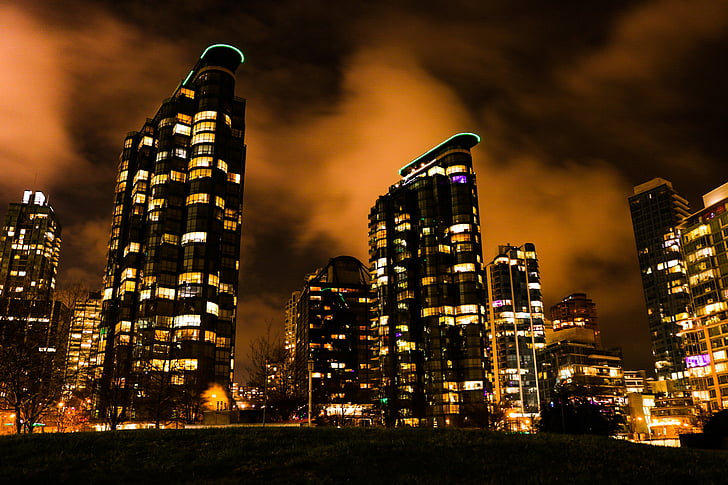 ніч, хмари, горизонт, хмарочос, Ванкувер, Центр міста, світлові
