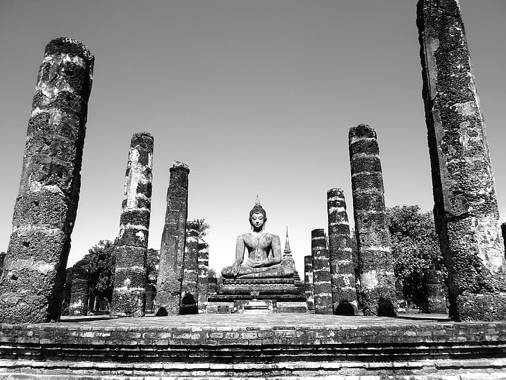 escala de grises, Foto, para dormir, Buda, ruinas, Templo de, Asia