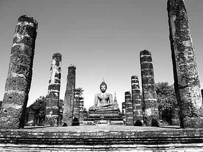 grayscale, photo, sleeping, buddha, ruins, temple, Asian