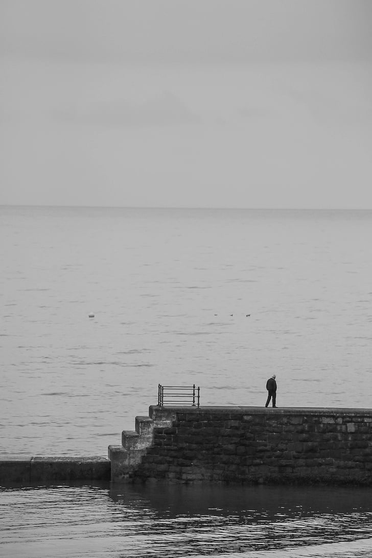 vīrietis, akmens, platformas, pludmale, jūra, okeāns, ūdens