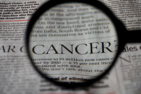 cancer, newspaper, word, magnifier, magnifying glass, loupe, reading