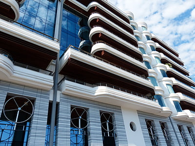 Hotel, pencakar langit, arsitektur, fasad, kaca, façade kaca, balkon