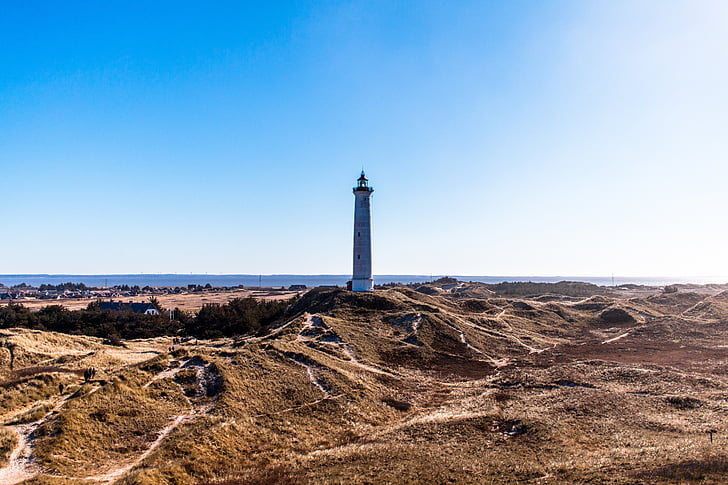 lighthouse, blue sky, coast, sand dunes, denmark, danish west coast, lyngvig fyr