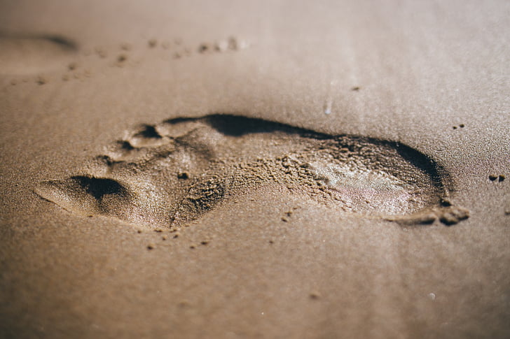 Грей, пясък, човешки, крак, разпечатки, отпечатък, плаж
