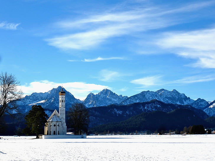 germany, church, landscape, mountains, bavaria