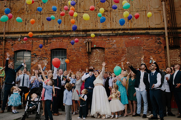 wedding, party, wedding party, balloons, bride, groom, colourful