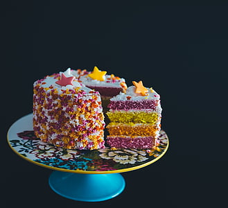 разноцветни, торта, четири, слоеве, рожден ден, храна, звезда