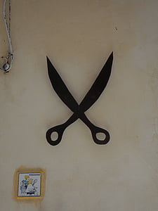 frizieris, simbols, šķēres, Piezīme, kaltas dzelzs, Skaistumkopšanas salons Frizētava, hauswand