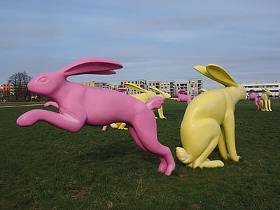 Kelinci, beberapa kelinci, karya seni, kuning, merah muda, Kelinci kursi dan flitz, Rosalie