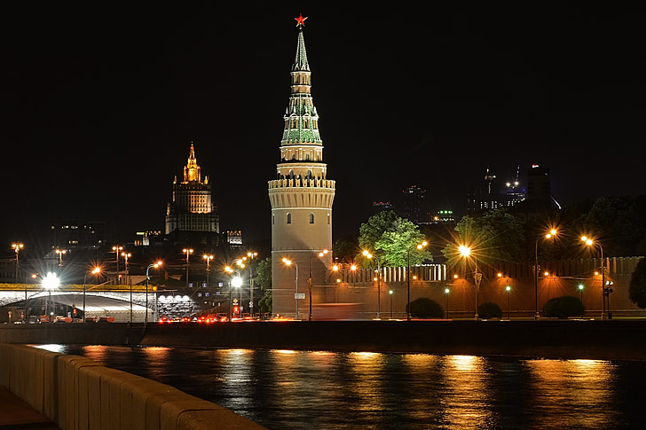 moscow, night city, night lights, the kremlin, fortress, night, city
