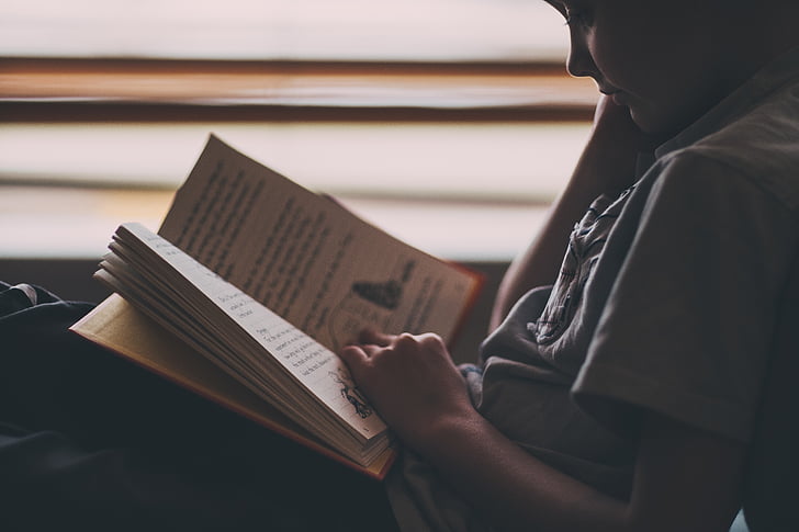 noi, camisa, lectura, llibre, assegut, nen, una persona
