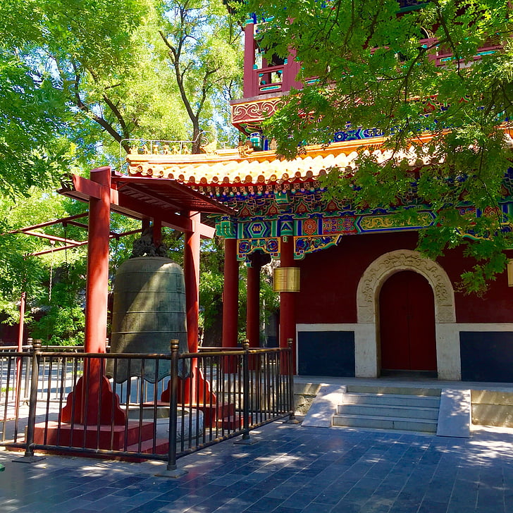 Pequim, Templo Lama, clássica, Templo de, incensos, sino, arquitetura antiga