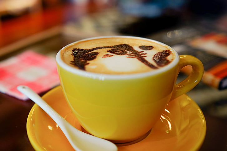 close-up, coffee, cup, latte, latte art, saucer, spoon
