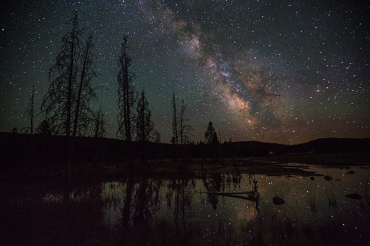Firehole ežeras, Jeloustouno nacionalinis parkas, naktį, tamsus, žvaigždės, žvaigždėtas, Astronomija