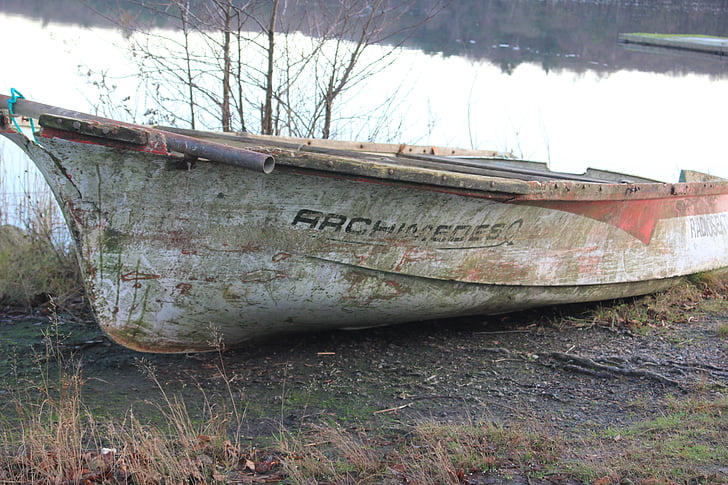 boat, lake, broken, rowboat, water, salvaged