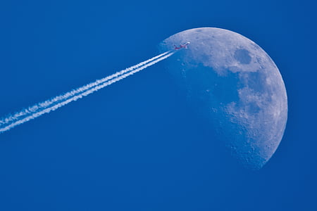 fly me to the moon, moon, aircraft, sky, contrail, vapor trail, blue