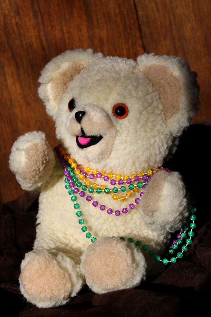 toy, mardi gras, beads, bear, teddy, stuffed, family